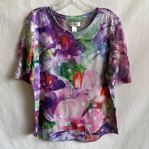 Christopher & Banks lace-accented floral print multicolor top, size L